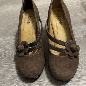 Softspots Women's Tan Suede Heels with Floral Detail